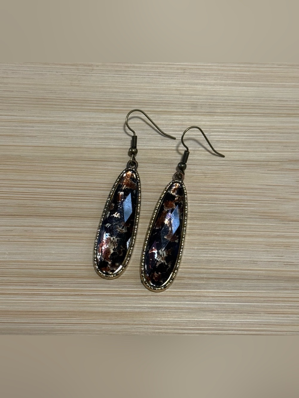 Gold-Tone Black and Brown Teardrop Faceted Earrings